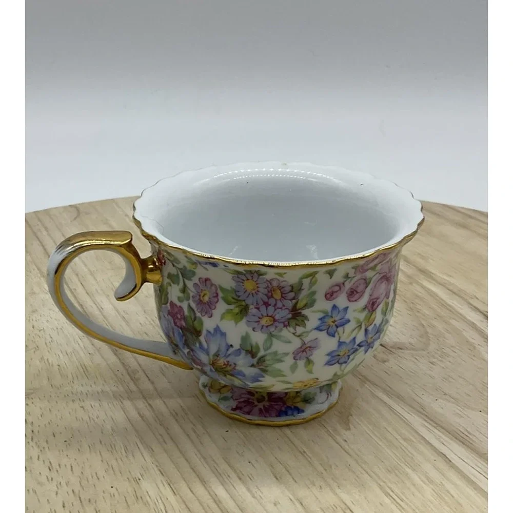 Floral Porcelain Tea Cup Gold Trim Footed Scalloped Rim Multicolor Vintage Retro
